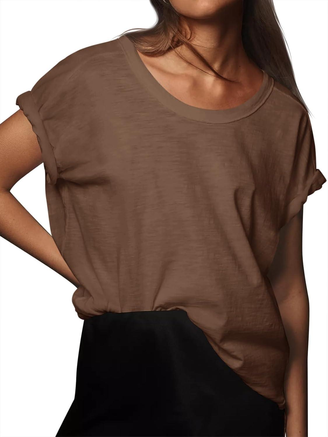 imageTankaneo Womens Oversized Short Sleeve T Shirts Summer Casual Crew Neck Tunic Tops Loose Fit Basic Side Split TeesBrown