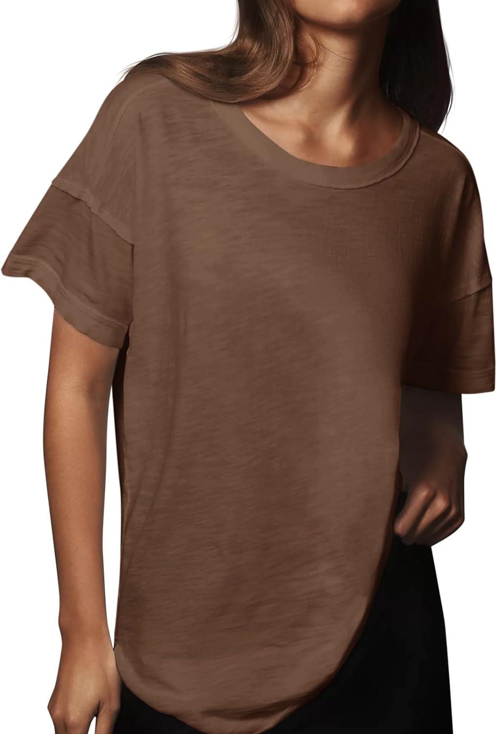 imageTankaneo Womens Oversized Short Sleeve T Shirts Summer Casual Crew Neck Tunic Tops Loose Fit Basic Side Split TeesBrown