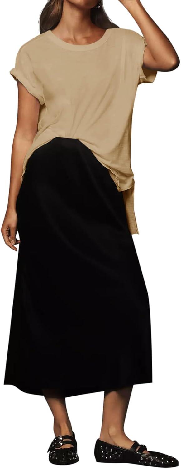 imageTankaneo Womens Oversized Short Sleeve T Shirts Summer Casual Crew Neck Tunic Tops Loose Fit Basic Side Split TeesKhaki