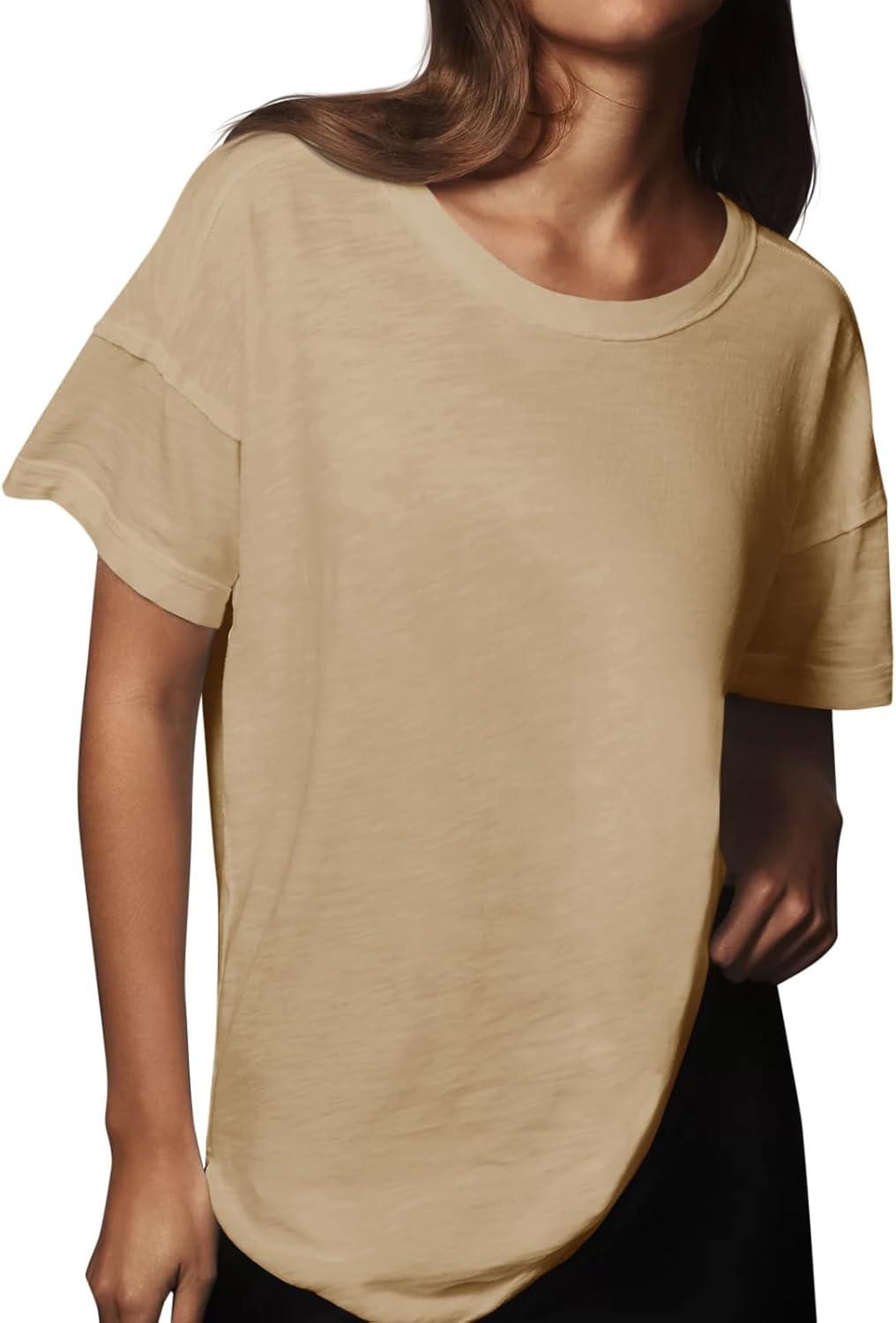 imageTankaneo Womens Oversized Short Sleeve T Shirts Summer Casual Crew Neck Tunic Tops Loose Fit Basic Side Split TeesKhaki