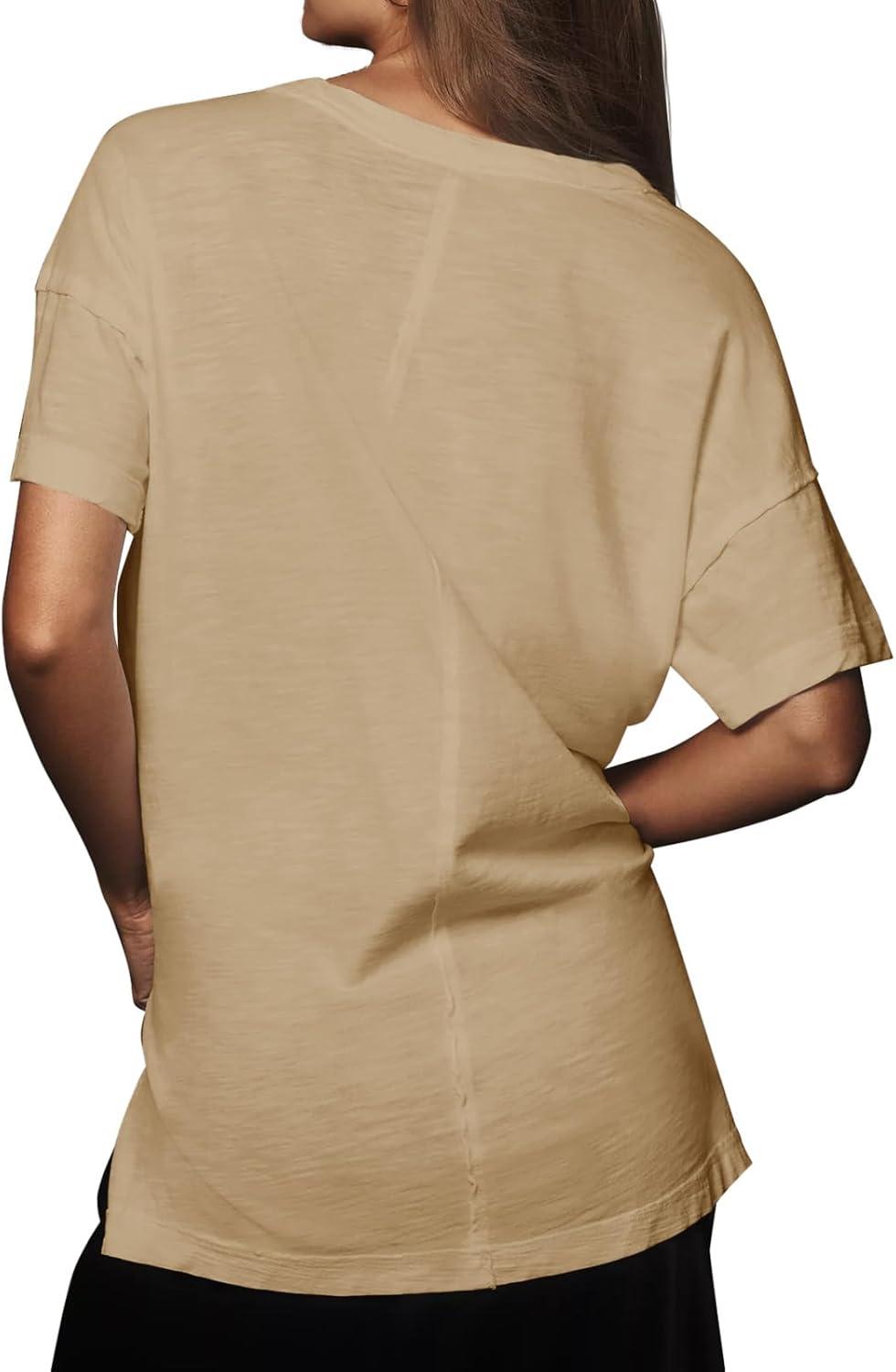 imageTankaneo Womens Oversized Short Sleeve T Shirts Summer Casual Crew Neck Tunic Tops Loose Fit Basic Side Split TeesKhaki