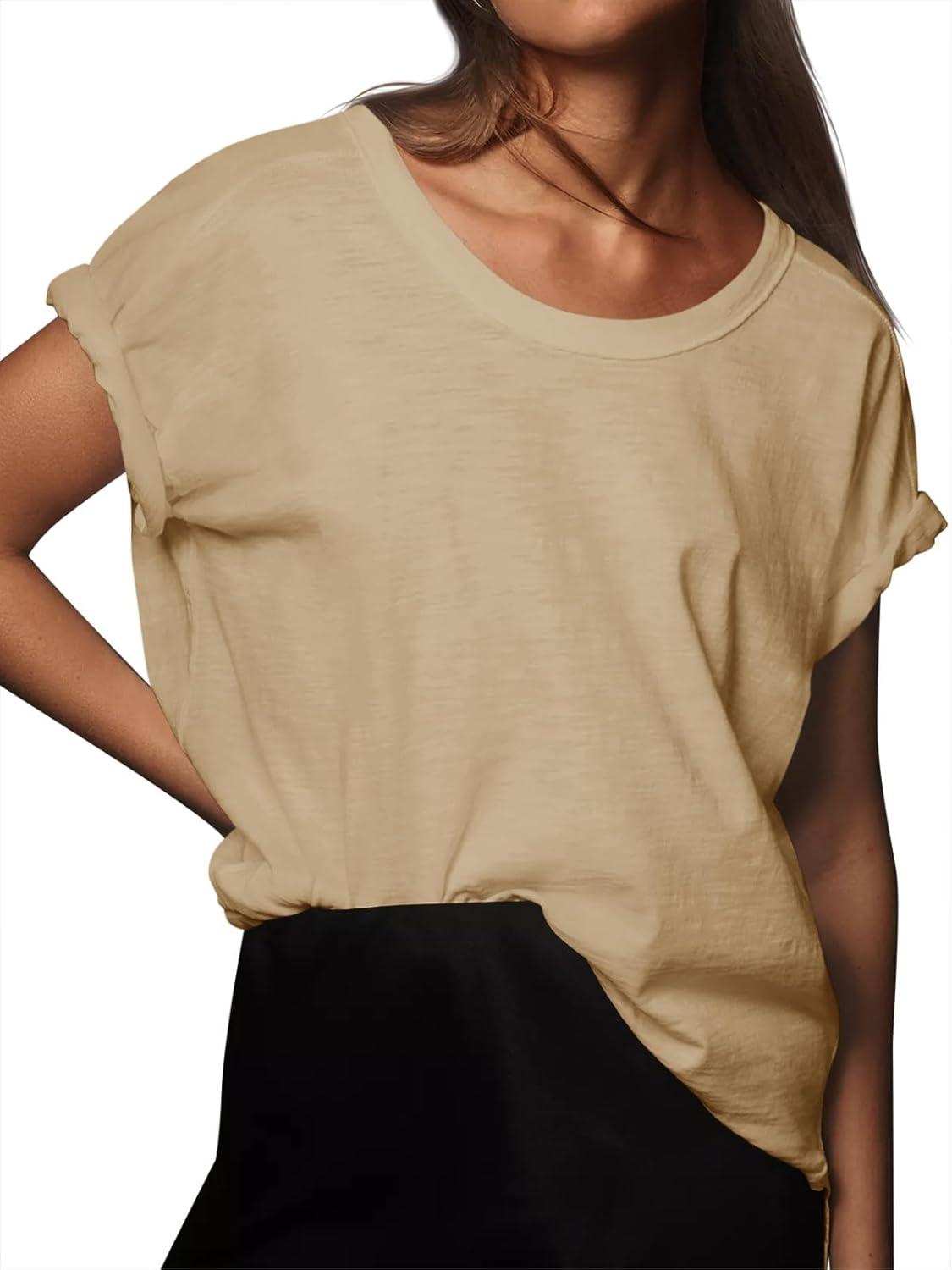 imageTankaneo Womens Oversized Short Sleeve T Shirts Summer Casual Crew Neck Tunic Tops Loose Fit Basic Side Split TeesKhaki