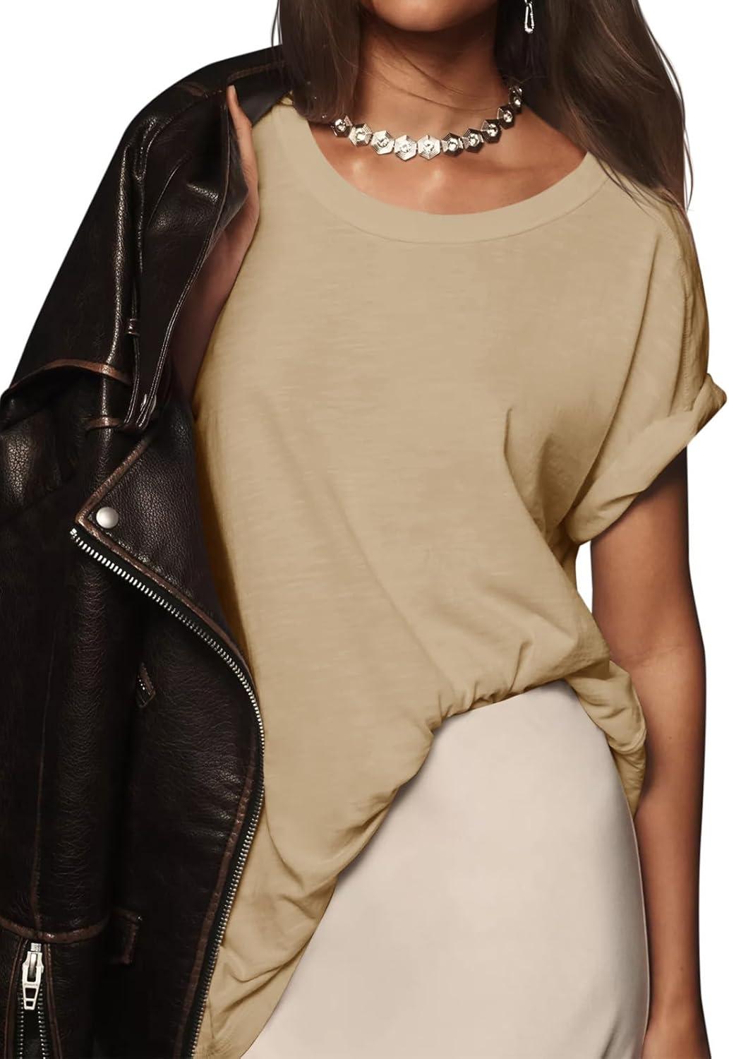 imageTankaneo Womens Oversized Short Sleeve T Shirts Summer Casual Crew Neck Tunic Tops Loose Fit Basic Side Split TeesKhaki