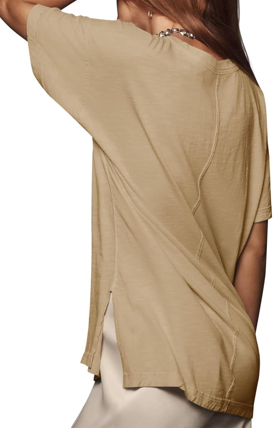 imageTankaneo Womens Oversized Short Sleeve T Shirts Summer Casual Crew Neck Tunic Tops Loose Fit Basic Side Split TeesKhaki