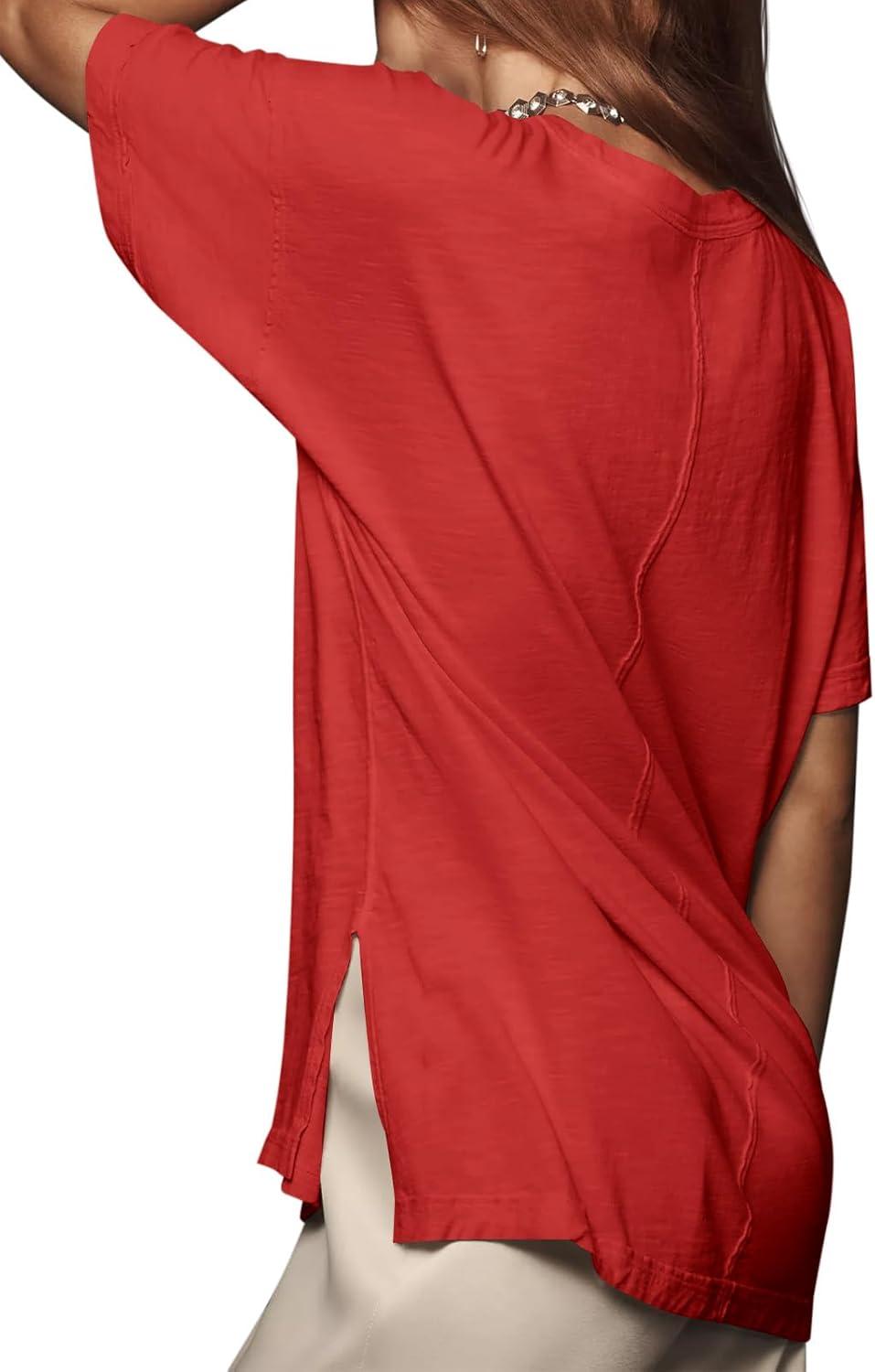 imageTankaneo Womens Oversized Short Sleeve T Shirts Summer Casual Crew Neck Tunic Tops Loose Fit Basic Side Split TeesRed