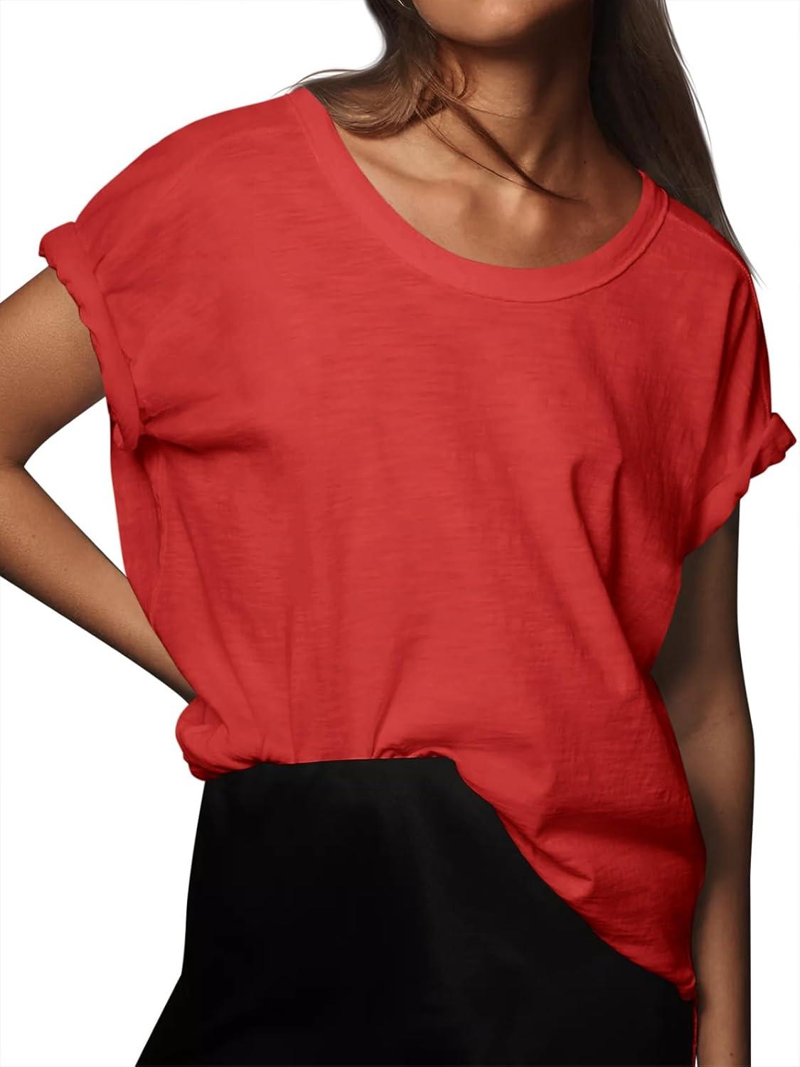 imageTankaneo Womens Oversized Short Sleeve T Shirts Summer Casual Crew Neck Tunic Tops Loose Fit Basic Side Split TeesRed