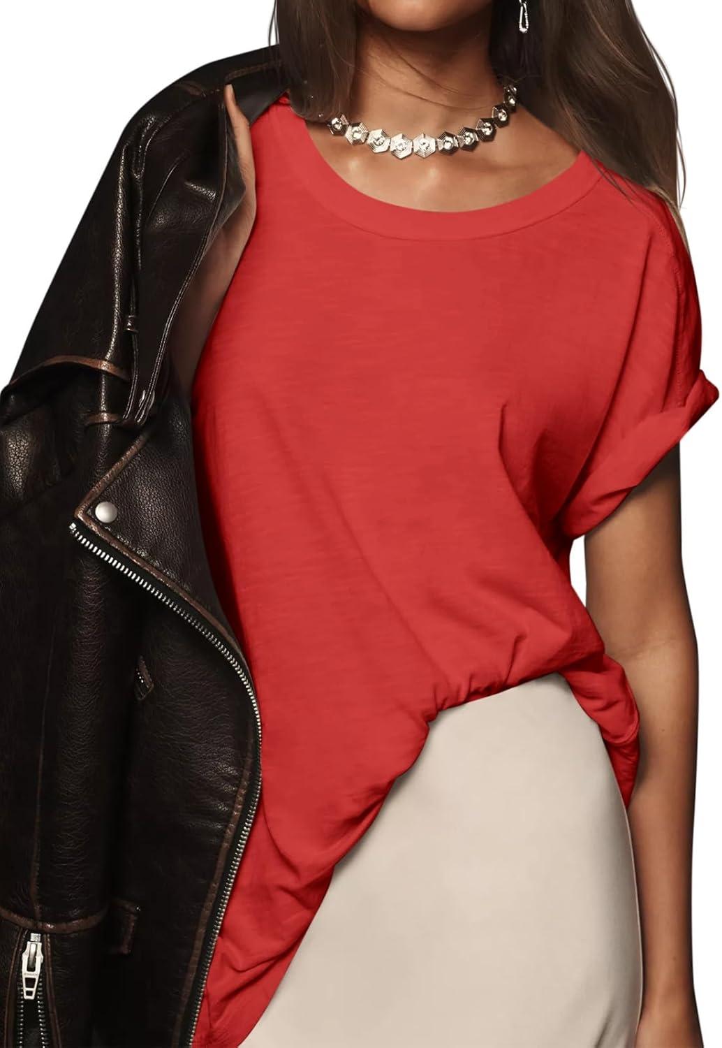 imageTankaneo Womens Oversized Short Sleeve T Shirts Summer Casual Crew Neck Tunic Tops Loose Fit Basic Side Split TeesRed