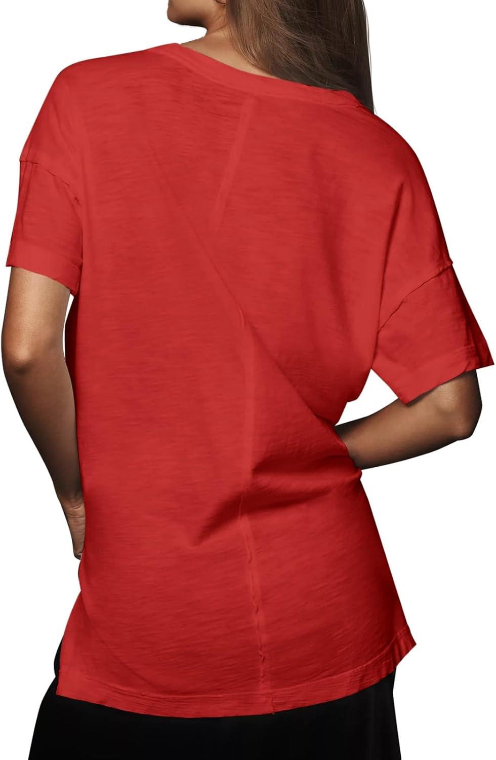 imageTankaneo Womens Oversized Short Sleeve T Shirts Summer Casual Crew Neck Tunic Tops Loose Fit Basic Side Split TeesRed