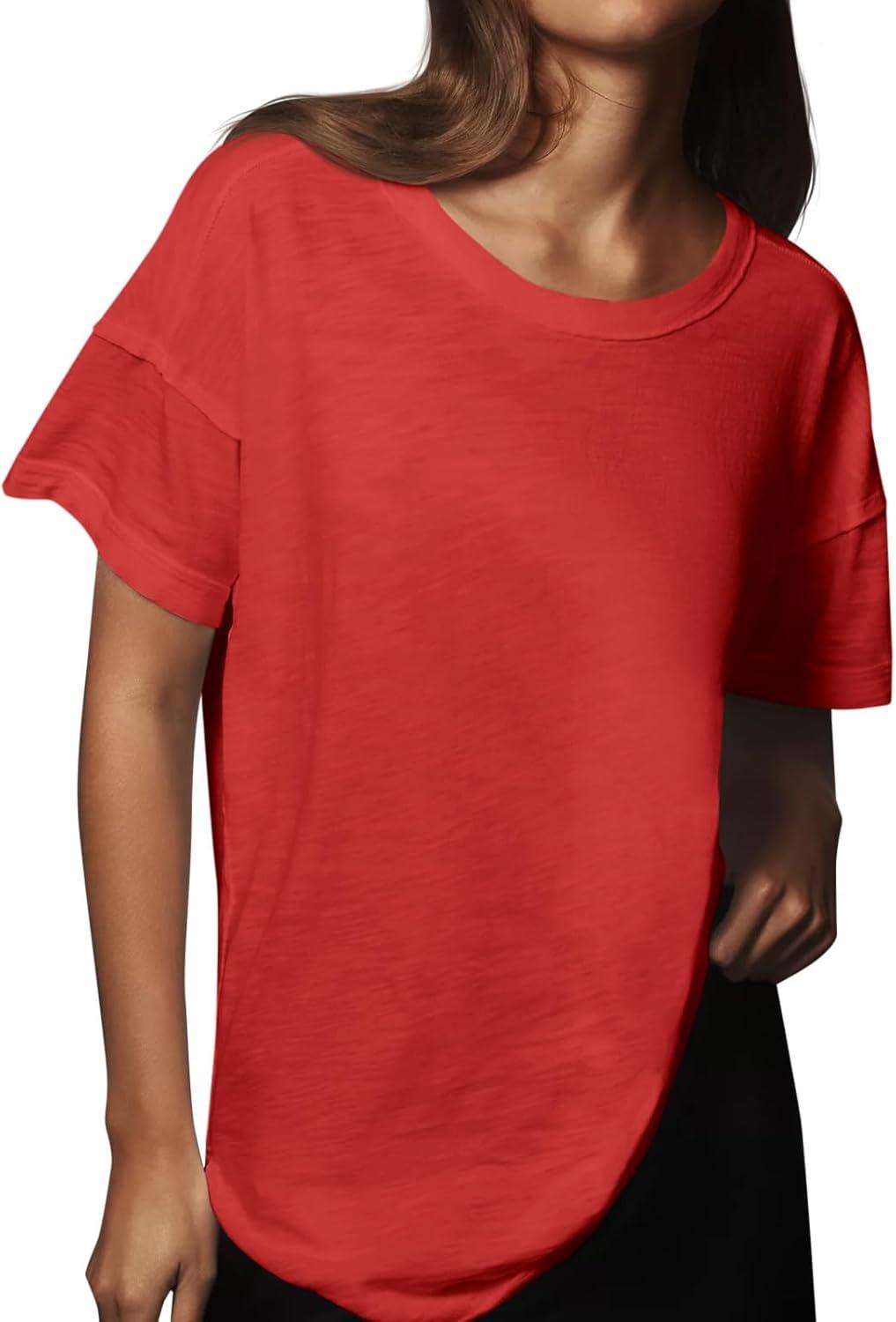 imageTankaneo Womens Oversized Short Sleeve T Shirts Summer Casual Crew Neck Tunic Tops Loose Fit Basic Side Split TeesRed