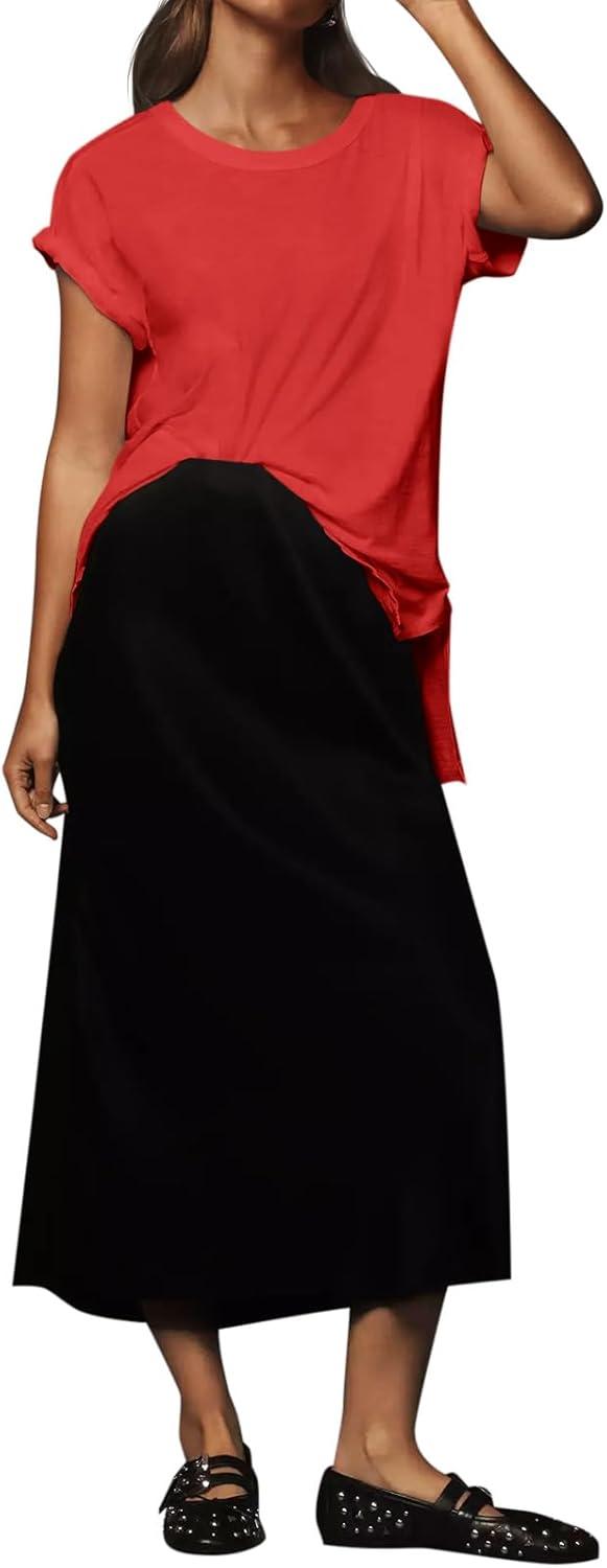 imageTankaneo Womens Oversized Short Sleeve T Shirts Summer Casual Crew Neck Tunic Tops Loose Fit Basic Side Split TeesRed