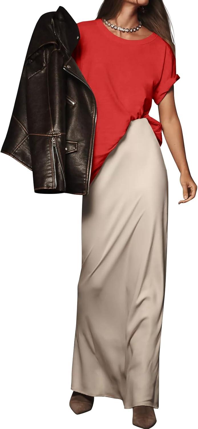 imageTankaneo Womens Oversized Short Sleeve T Shirts Summer Casual Crew Neck Tunic Tops Loose Fit Basic Side Split TeesRed