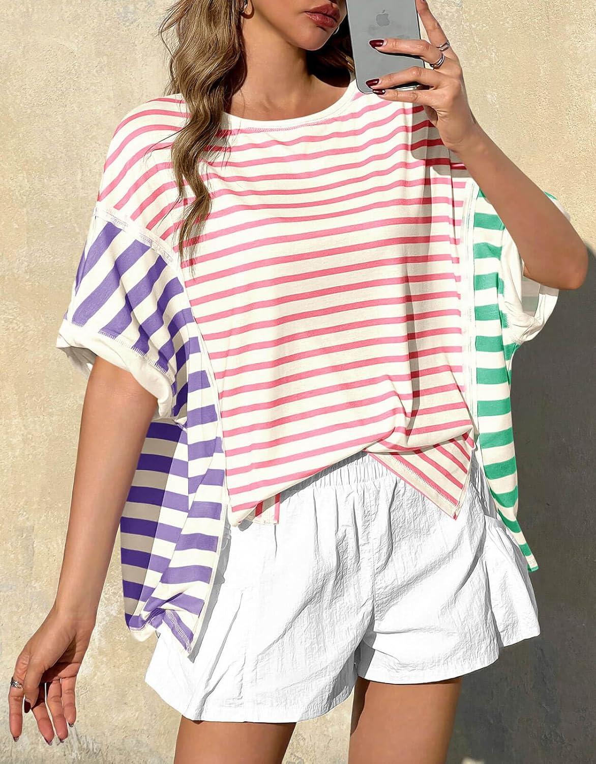 imageTankaneo Womens Oversized Striped TShirts Color Block Short Sleeve Tee Tops Summer Casual High Low Hem ShirtsPink