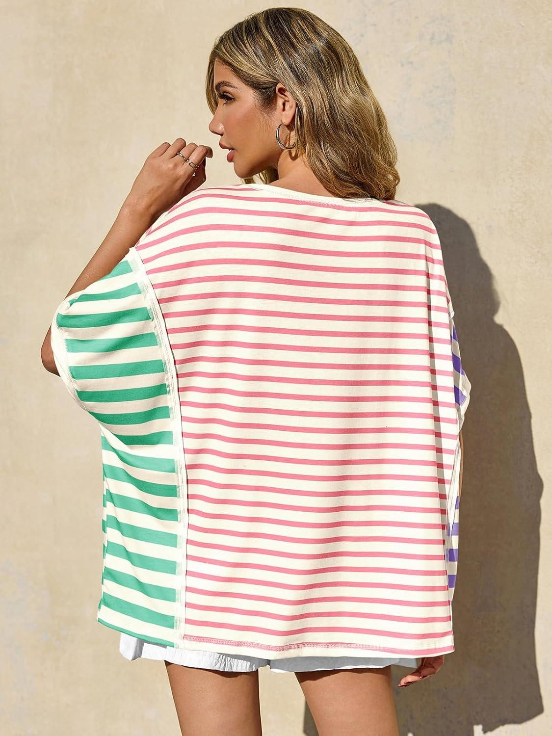 imageTankaneo Womens Oversized Striped TShirts Color Block Short Sleeve Tee Tops Summer Casual High Low Hem ShirtsPink