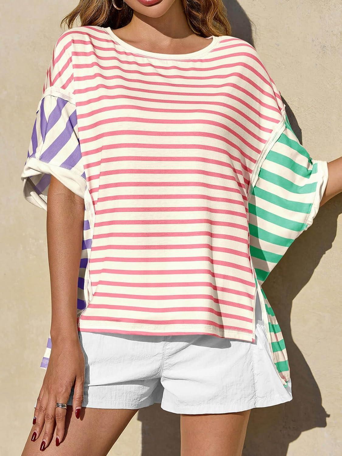 imageTankaneo Womens Oversized Striped TShirts Color Block Short Sleeve Tee Tops Summer Casual High Low Hem ShirtsPink