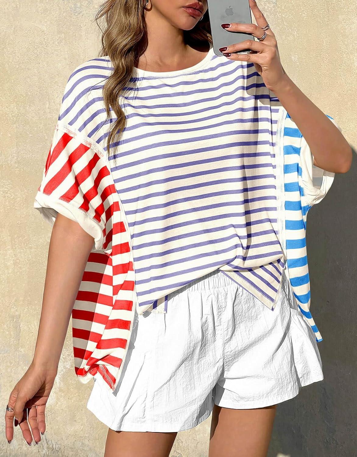 imageTankaneo Womens Oversized Striped TShirts Color Block Short Sleeve Tee Tops Summer Casual High Low Hem ShirtsPurple