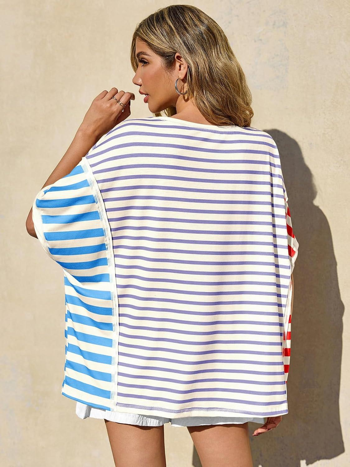 imageTankaneo Womens Oversized Striped TShirts Color Block Short Sleeve Tee Tops Summer Casual High Low Hem ShirtsPurple