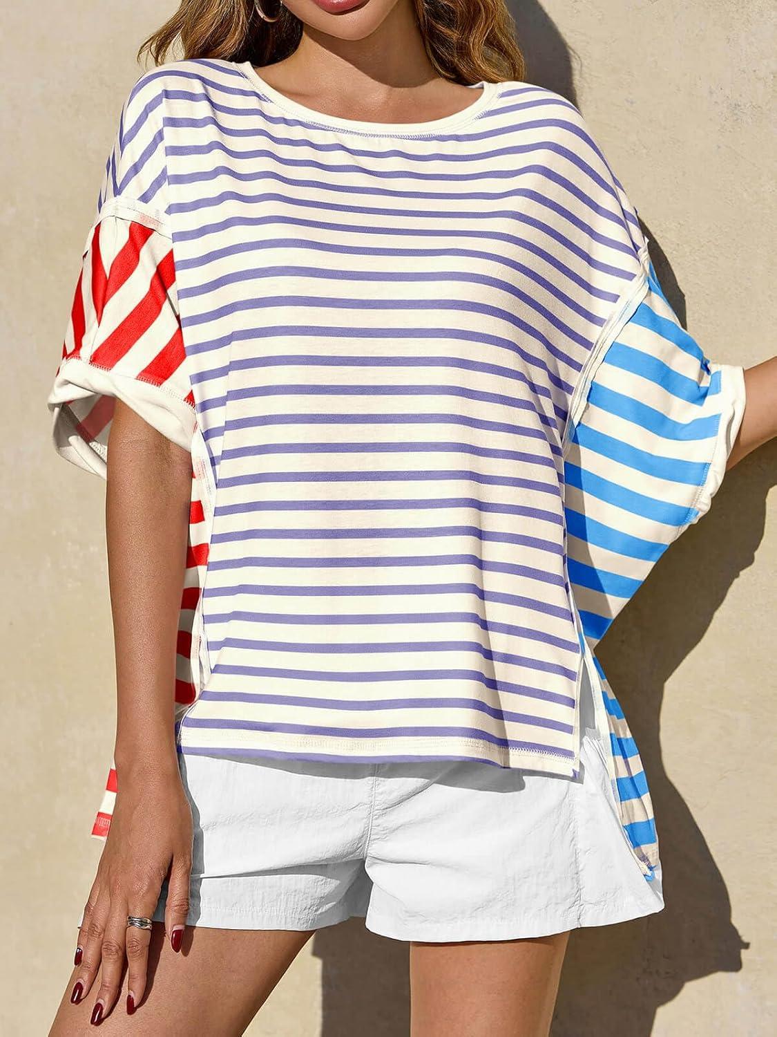imageTankaneo Womens Oversized Striped TShirts Color Block Short Sleeve Tee Tops Summer Casual High Low Hem ShirtsPurple