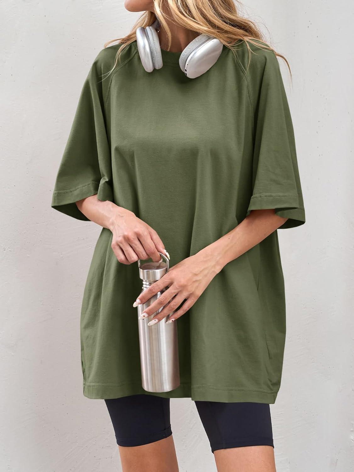 imageTankaneo Womens Oversized Tshirts Crew Neck Short Raglan Sleeve Tunic Tops Summer Casual Loose Fit Workout Tee ShirtsArmy Green