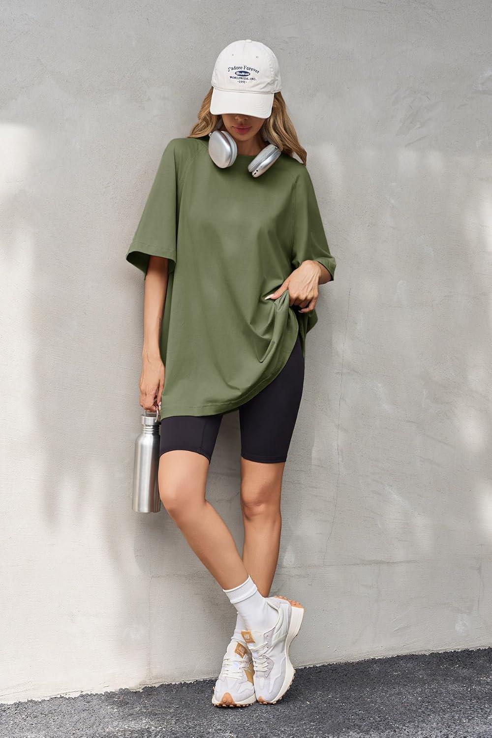imageTankaneo Womens Oversized Tshirts Crew Neck Short Raglan Sleeve Tunic Tops Summer Casual Loose Fit Workout Tee ShirtsArmy Green