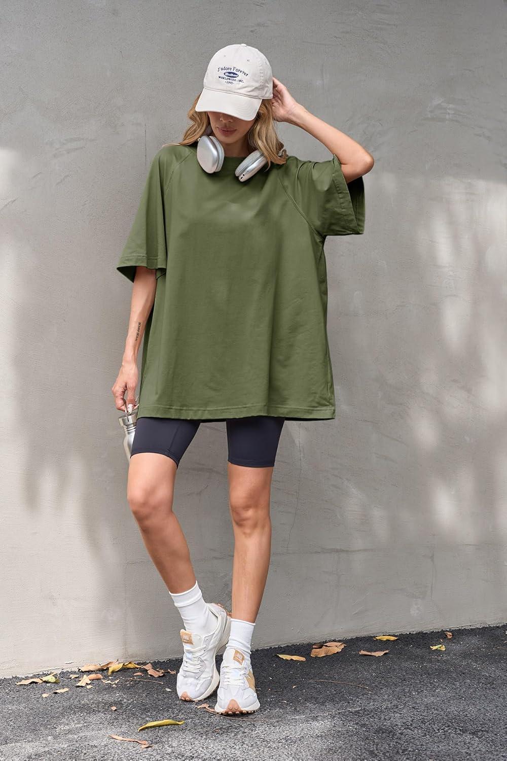 imageTankaneo Womens Oversized Tshirts Crew Neck Short Raglan Sleeve Tunic Tops Summer Casual Loose Fit Workout Tee ShirtsArmy Green