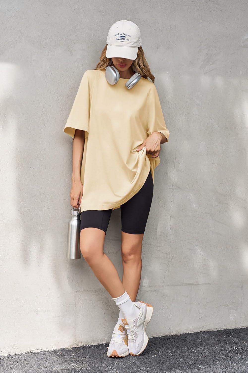 imageTankaneo Womens Oversized Tshirts Crew Neck Short Raglan Sleeve Tunic Tops Summer Casual Loose Fit Workout Tee ShirtsBeige