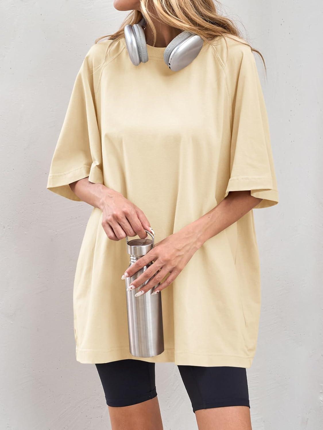 imageTankaneo Womens Oversized Tshirts Crew Neck Short Raglan Sleeve Tunic Tops Summer Casual Loose Fit Workout Tee ShirtsBeige