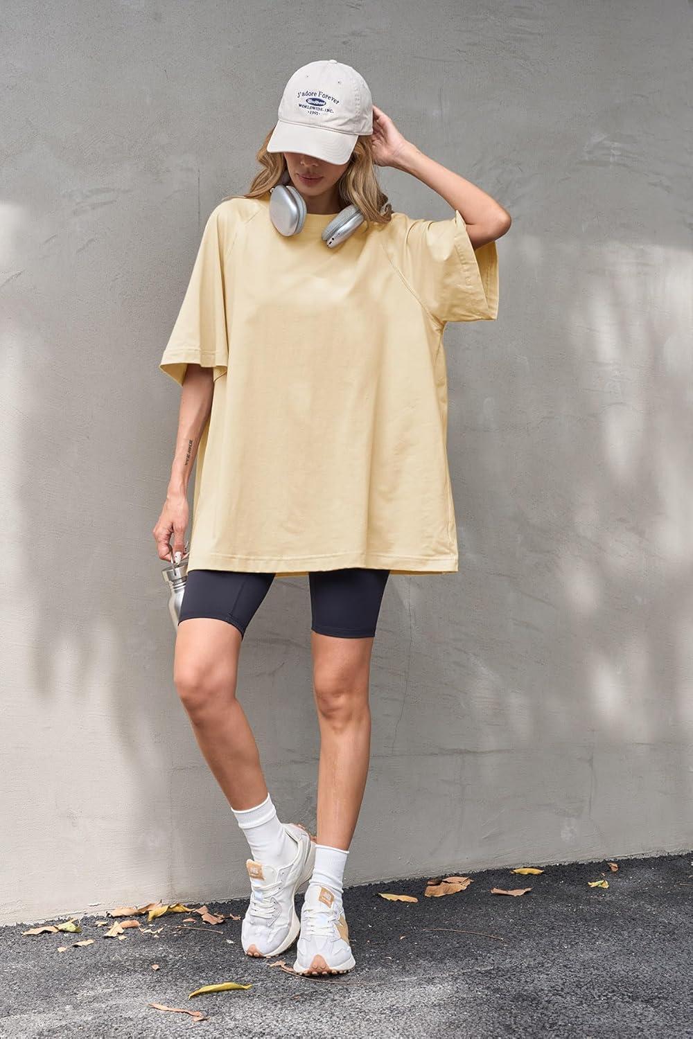 imageTankaneo Womens Oversized Tshirts Crew Neck Short Raglan Sleeve Tunic Tops Summer Casual Loose Fit Workout Tee ShirtsBeige