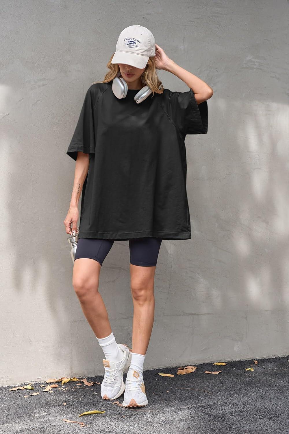 imageTankaneo Womens Oversized Tshirts Crew Neck Short Raglan Sleeve Tunic Tops Summer Casual Loose Fit Workout Tee ShirtsBlack