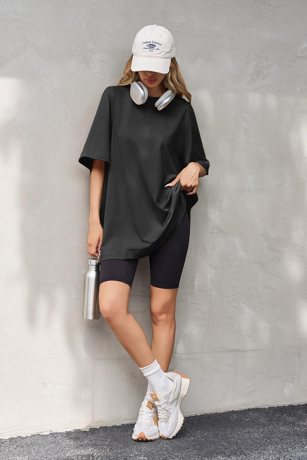 imageTankaneo Womens Oversized Tshirts Crew Neck Short Raglan Sleeve Tunic Tops Summer Casual Loose Fit Workout Tee ShirtsBlack