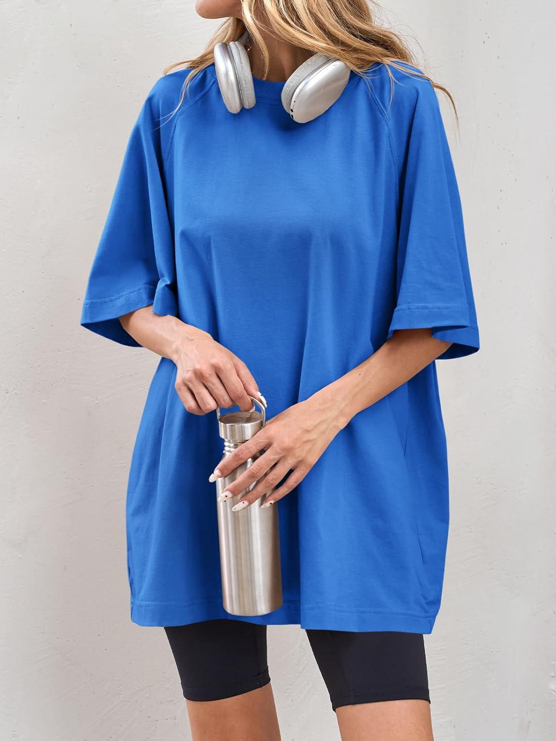 imageTankaneo Womens Oversized Tshirts Crew Neck Short Raglan Sleeve Tunic Tops Summer Casual Loose Fit Workout Tee ShirtsBlue