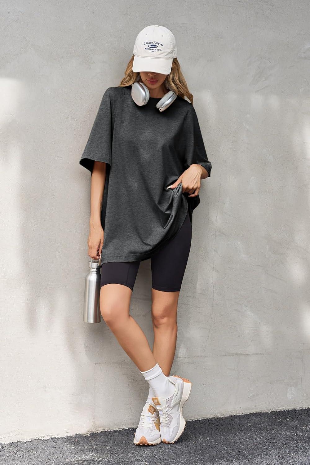 imageTankaneo Womens Oversized Tshirts Crew Neck Short Raglan Sleeve Tunic Tops Summer Casual Loose Fit Workout Tee ShirtsDark Grey