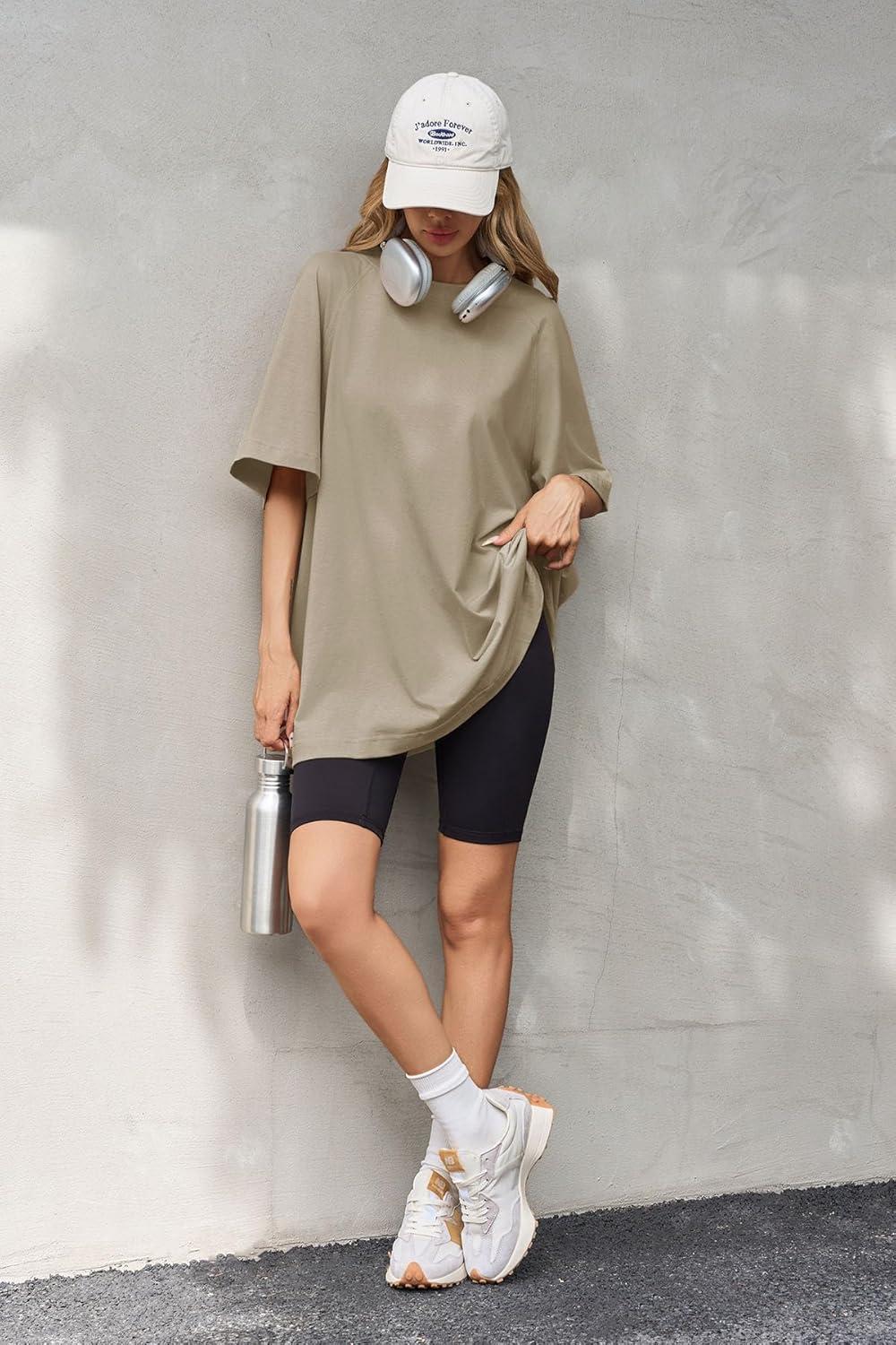 imageTankaneo Womens Oversized Tshirts Crew Neck Short Raglan Sleeve Tunic Tops Summer Casual Loose Fit Workout Tee ShirtsDark Khaki