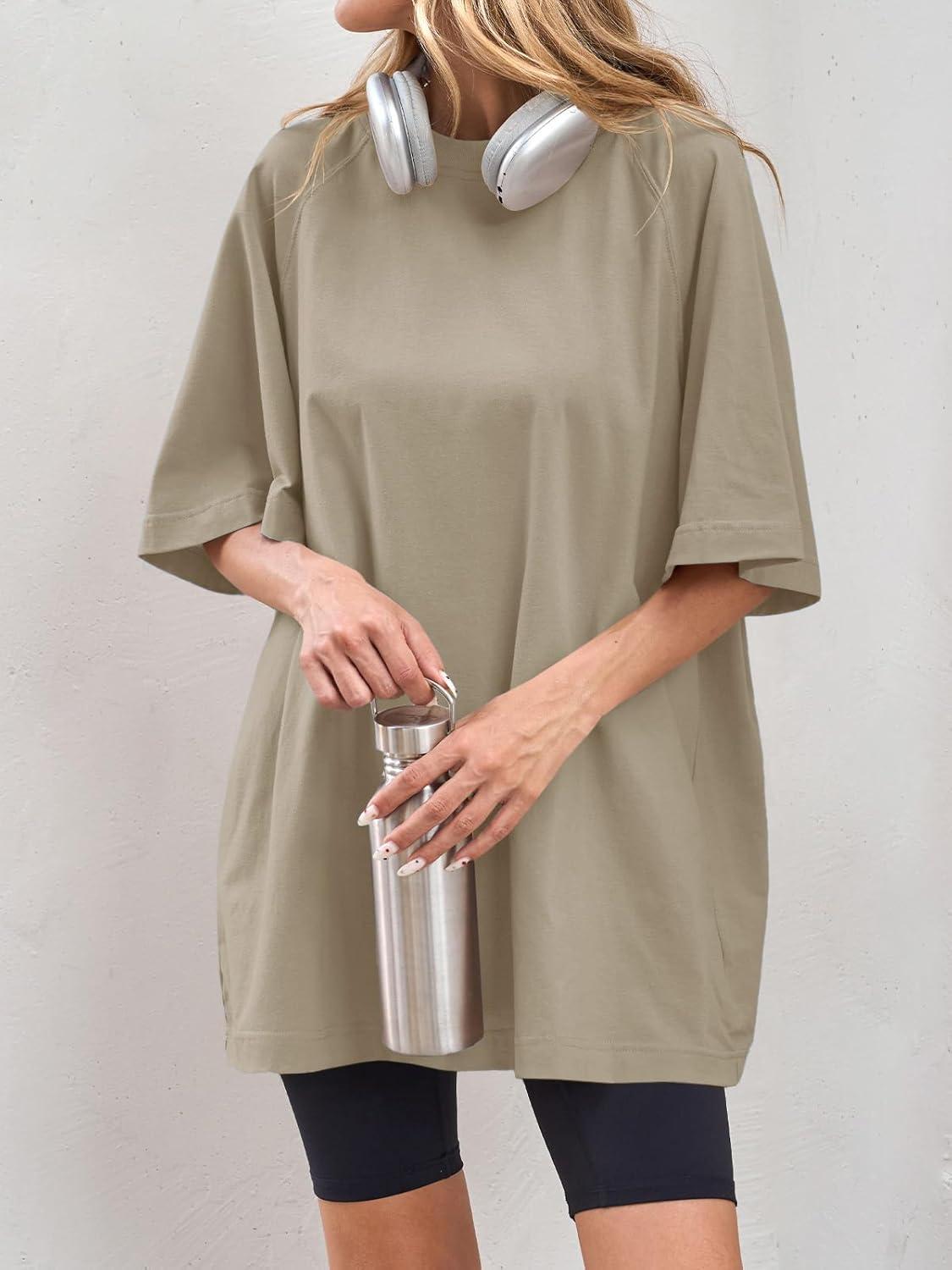 imageTankaneo Womens Oversized Tshirts Crew Neck Short Raglan Sleeve Tunic Tops Summer Casual Loose Fit Workout Tee ShirtsDark Khaki