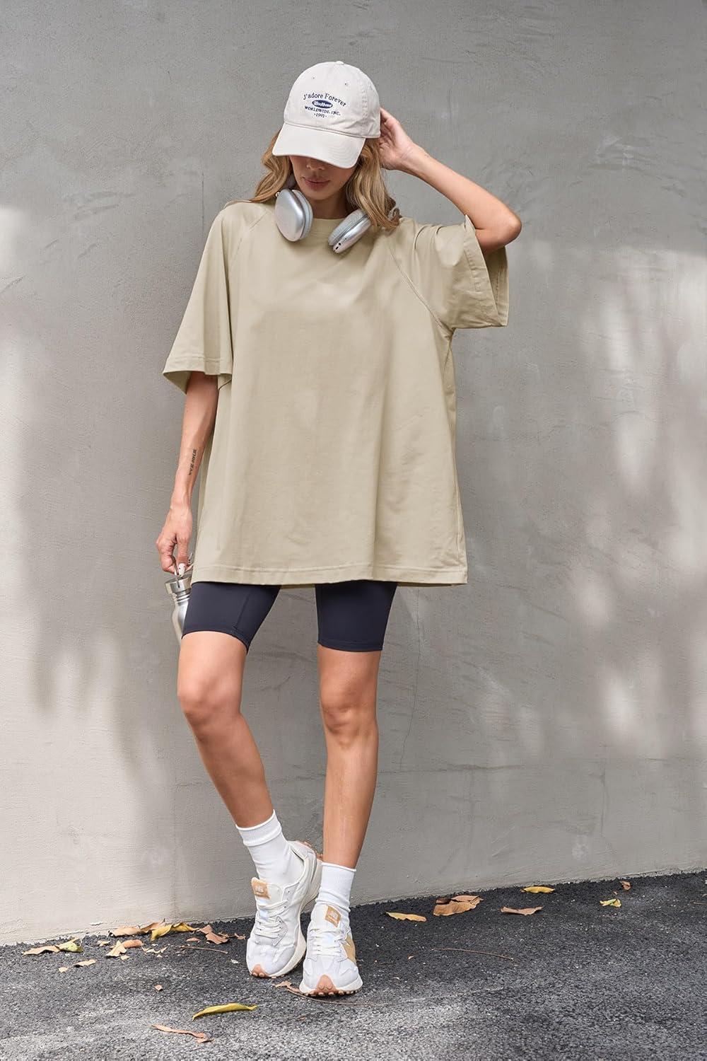 imageTankaneo Womens Oversized Tshirts Crew Neck Short Raglan Sleeve Tunic Tops Summer Casual Loose Fit Workout Tee ShirtsKhaki