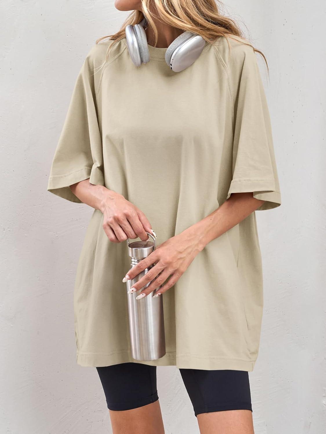 imageTankaneo Womens Oversized Tshirts Crew Neck Short Raglan Sleeve Tunic Tops Summer Casual Loose Fit Workout Tee ShirtsKhaki