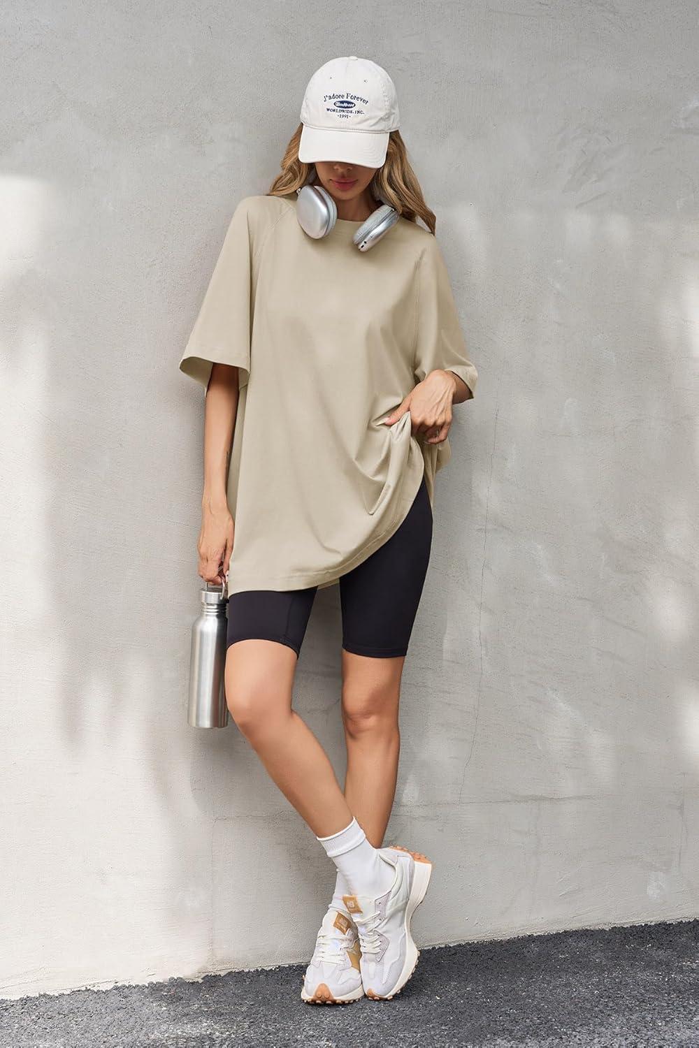 imageTankaneo Womens Oversized Tshirts Crew Neck Short Raglan Sleeve Tunic Tops Summer Casual Loose Fit Workout Tee ShirtsKhaki