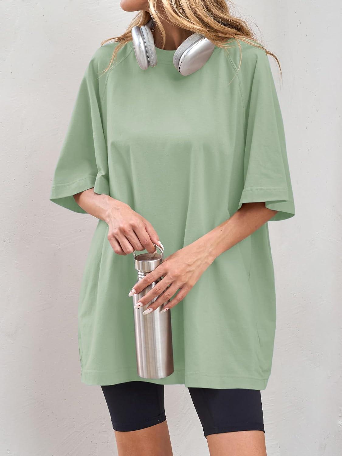 imageTankaneo Womens Oversized Tshirts Crew Neck Short Raglan Sleeve Tunic Tops Summer Casual Loose Fit Workout Tee ShirtsLight Green