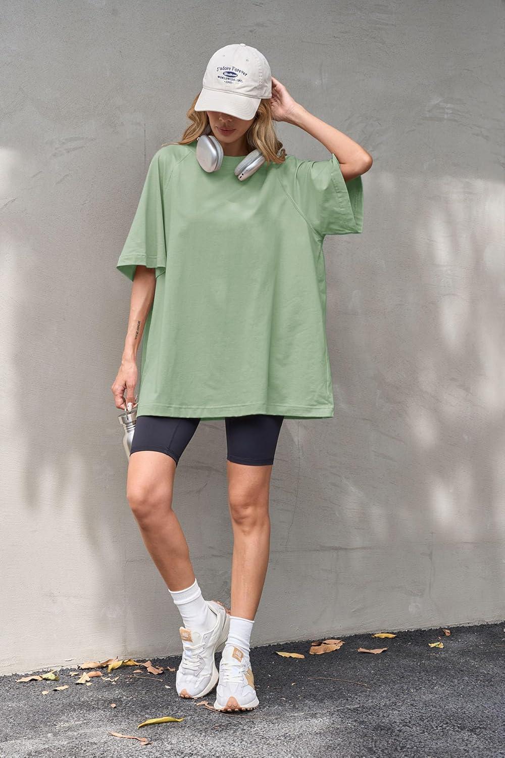 imageTankaneo Womens Oversized Tshirts Crew Neck Short Raglan Sleeve Tunic Tops Summer Casual Loose Fit Workout Tee ShirtsLight Green