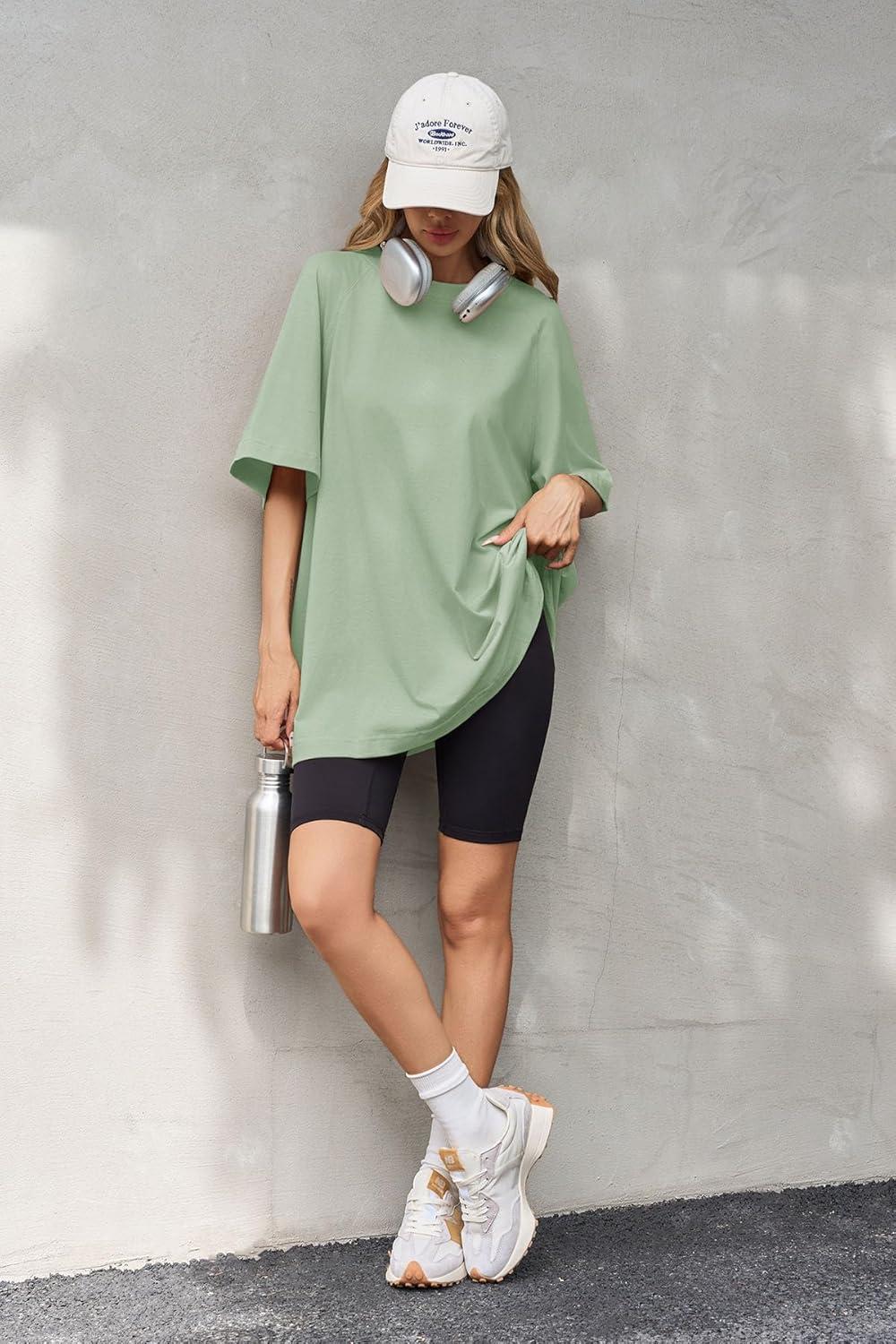 imageTankaneo Womens Oversized Tshirts Crew Neck Short Raglan Sleeve Tunic Tops Summer Casual Loose Fit Workout Tee ShirtsLight Green