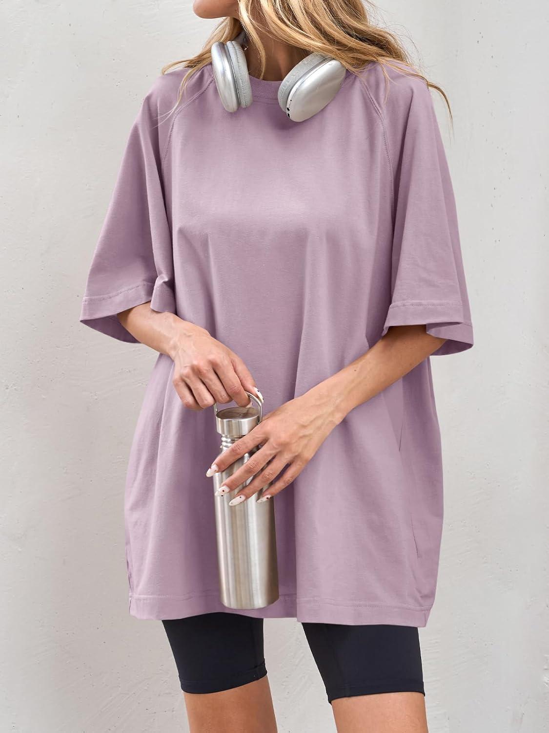 imageTankaneo Womens Oversized Tshirts Crew Neck Short Raglan Sleeve Tunic Tops Summer Casual Loose Fit Workout Tee ShirtsLight Purple