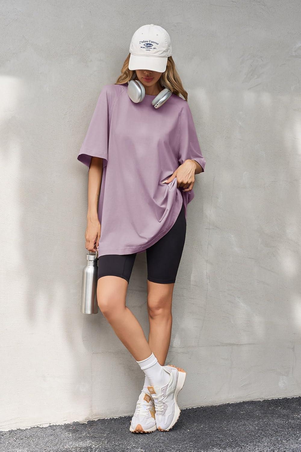 imageTankaneo Womens Oversized Tshirts Crew Neck Short Raglan Sleeve Tunic Tops Summer Casual Loose Fit Workout Tee ShirtsLight Purple