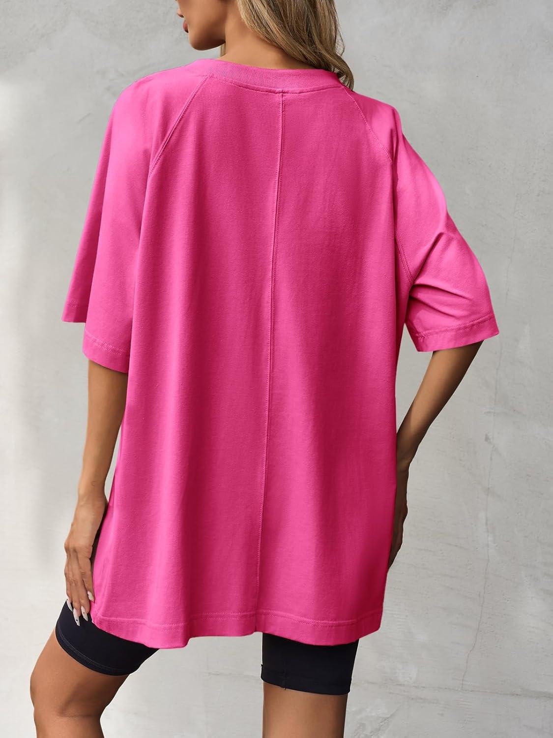 imageTankaneo Womens Oversized Tshirts Crew Neck Short Raglan Sleeve Tunic Tops Summer Casual Loose Fit Workout Tee ShirtsRose Red