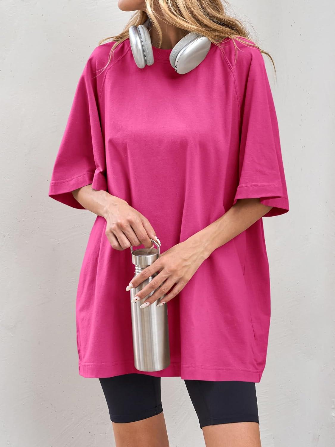 imageTankaneo Womens Oversized Tshirts Crew Neck Short Raglan Sleeve Tunic Tops Summer Casual Loose Fit Workout Tee ShirtsRose Red