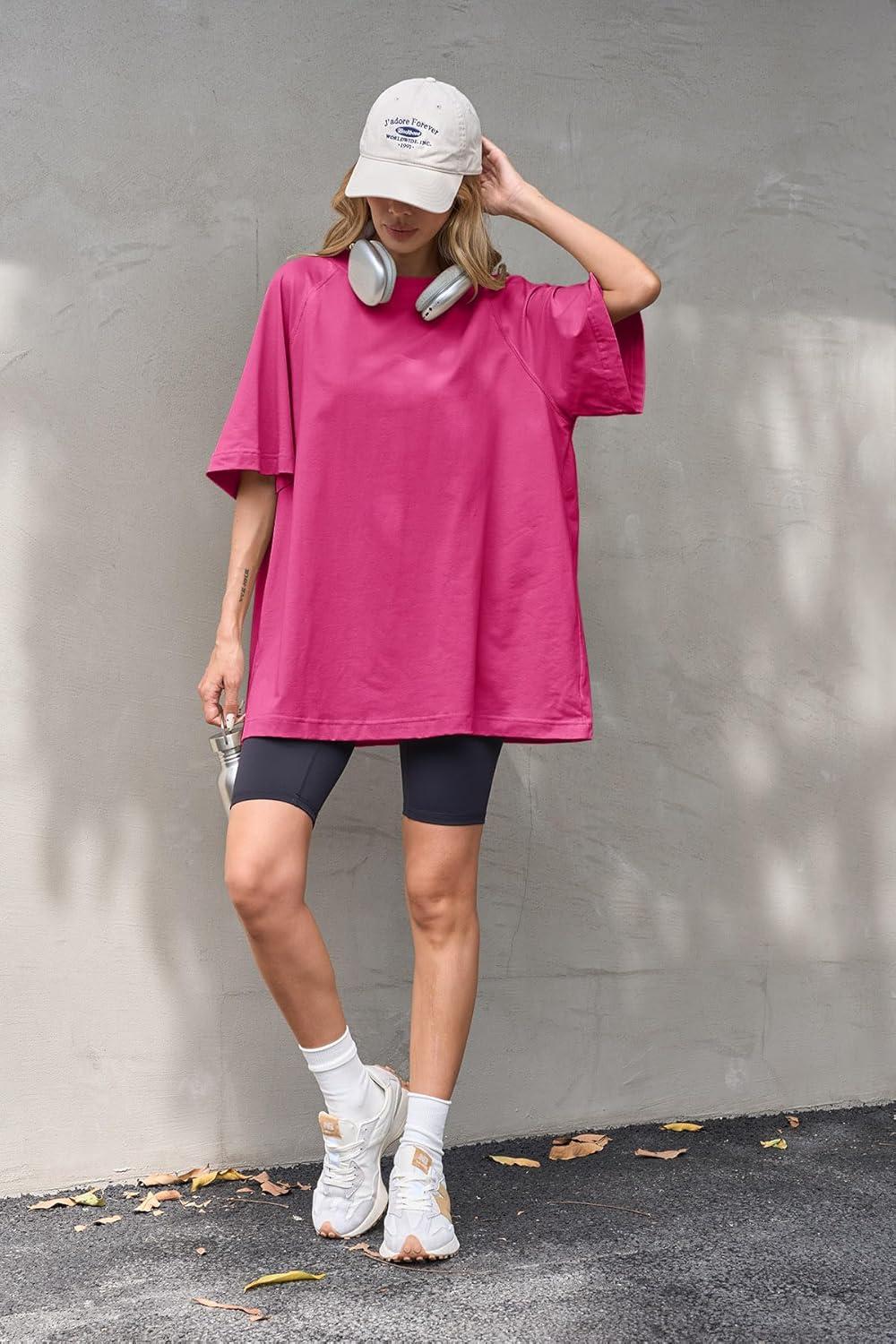 imageTankaneo Womens Oversized Tshirts Crew Neck Short Raglan Sleeve Tunic Tops Summer Casual Loose Fit Workout Tee ShirtsRose Red