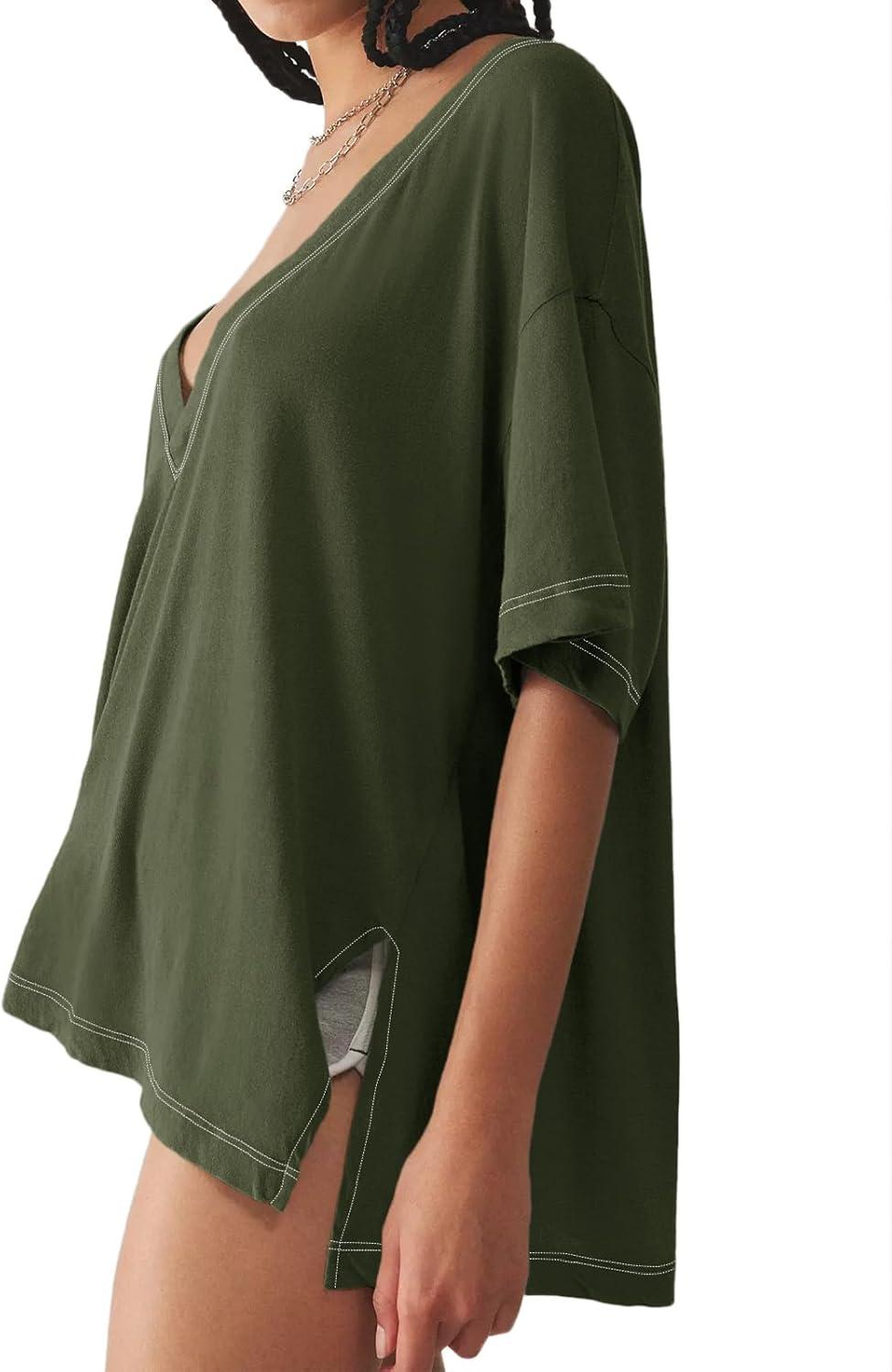 imageTankaneo Womens Oversized Tshirts Deep V Neck Short Sleeve Tops Summer Casual Loose Fit Side Slit Tunic ShirtsArmy Green