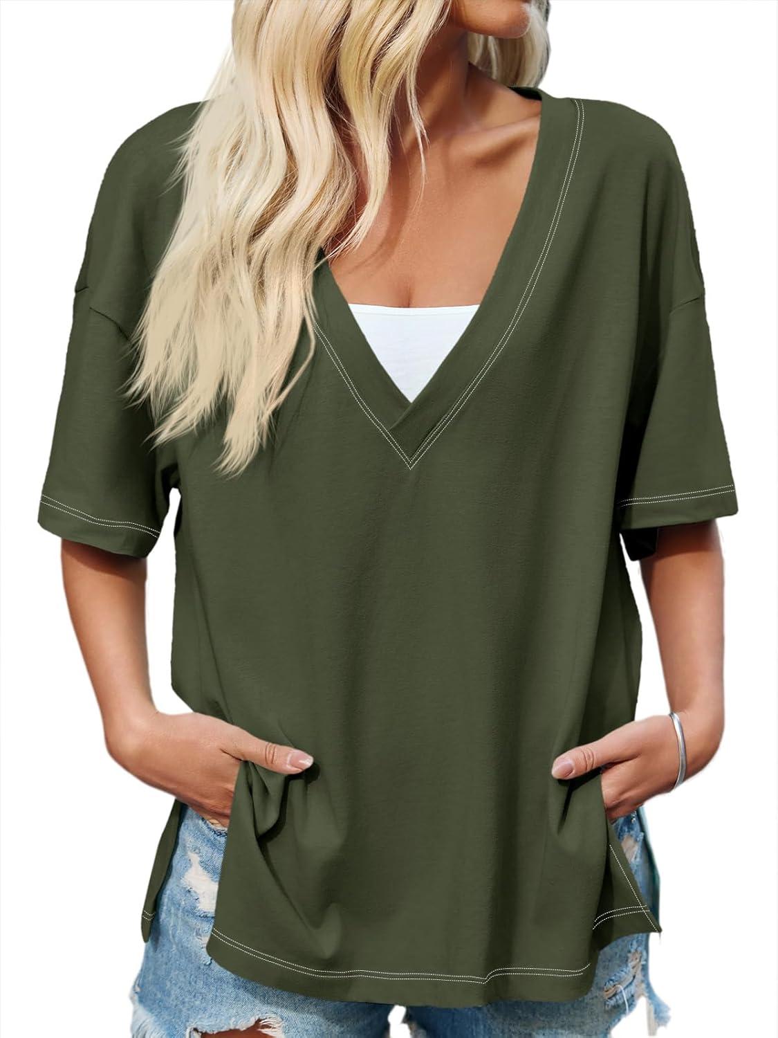 imageTankaneo Womens Oversized Tshirts Deep V Neck Short Sleeve Tops Summer Casual Loose Fit Side Slit Tunic ShirtsArmy Green