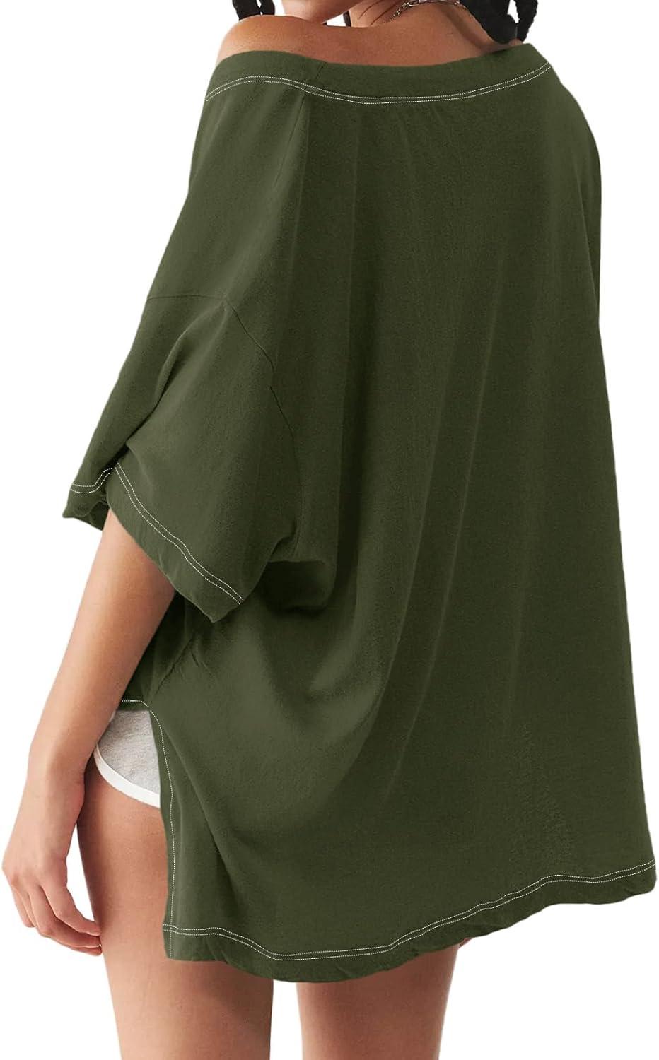 imageTankaneo Womens Oversized Tshirts Deep V Neck Short Sleeve Tops Summer Casual Loose Fit Side Slit Tunic ShirtsArmy Green