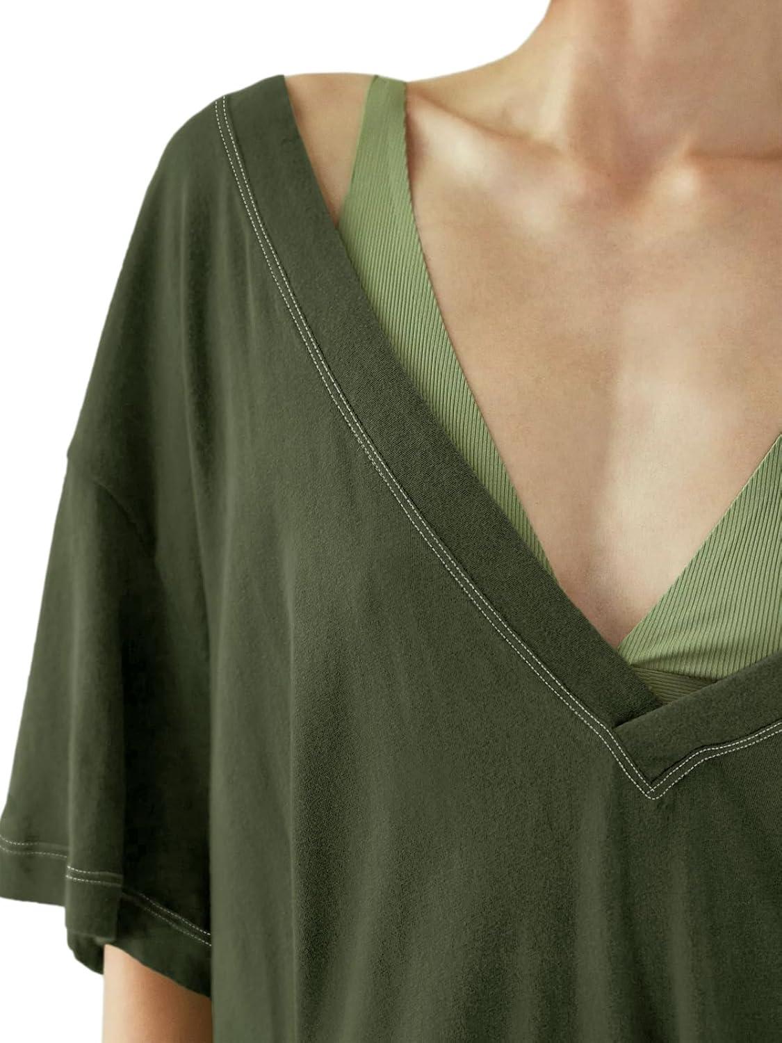 imageTankaneo Womens Oversized Tshirts Deep V Neck Short Sleeve Tops Summer Casual Loose Fit Side Slit Tunic ShirtsArmy Green