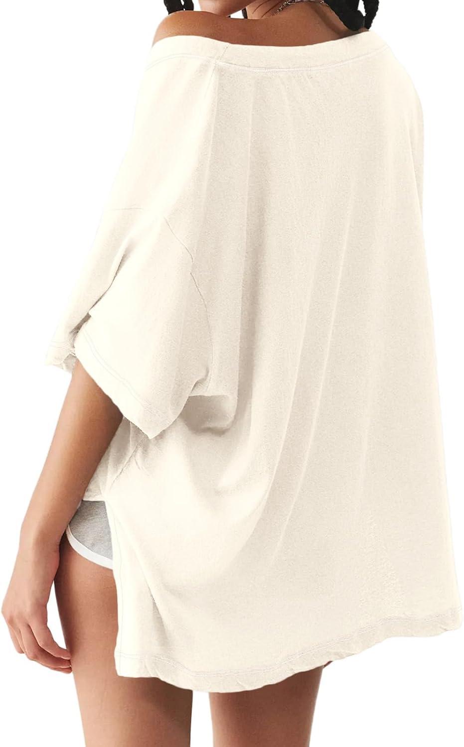 imageTankaneo Womens Oversized Tshirts Deep V Neck Short Sleeve Tops Summer Casual Loose Fit Side Slit Tunic ShirtsBeige