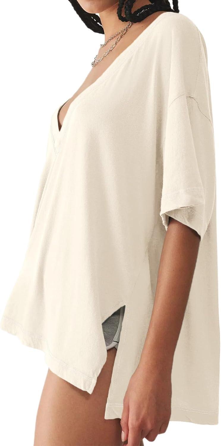 imageTankaneo Womens Oversized Tshirts Deep V Neck Short Sleeve Tops Summer Casual Loose Fit Side Slit Tunic ShirtsBeige